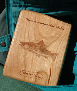 Brook Trout Fly Box Back with Inscription - Cherry Wood 